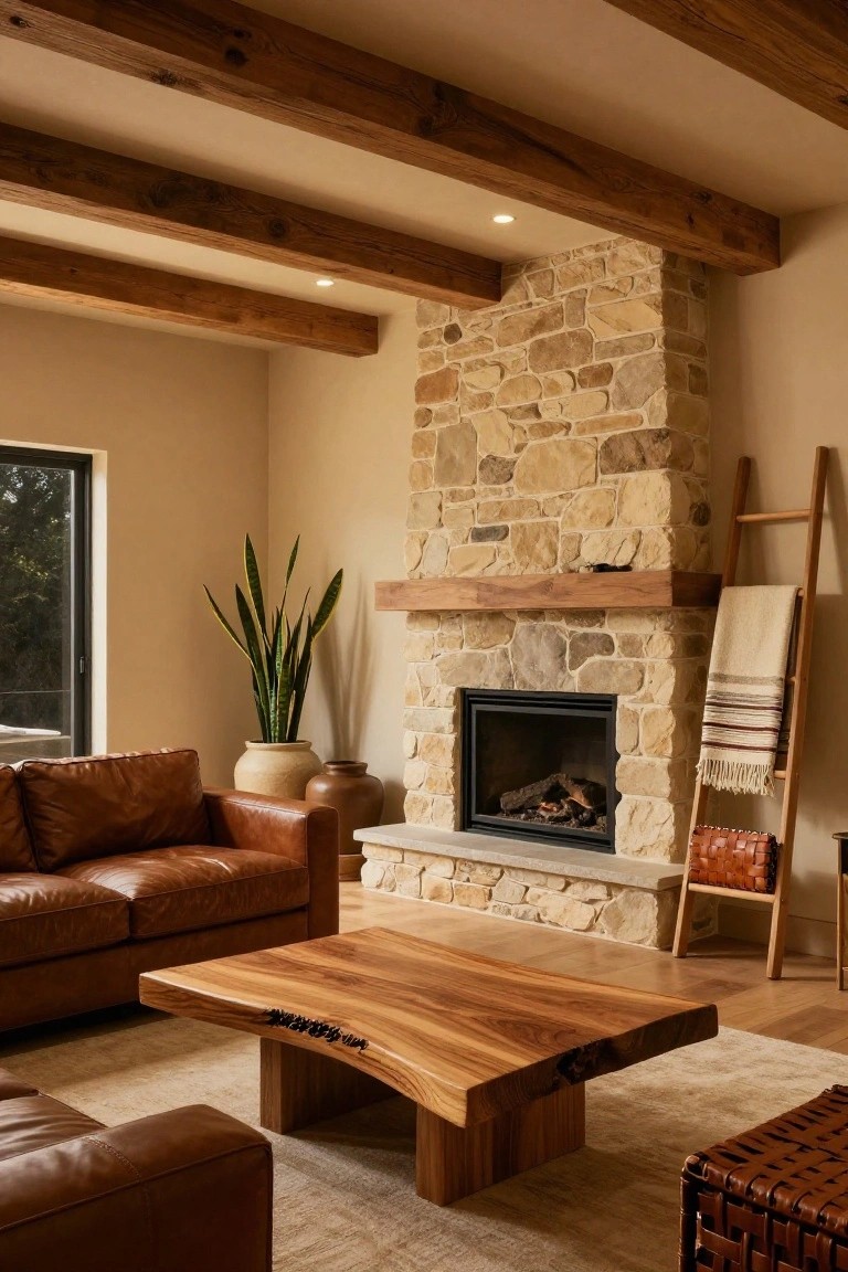 A neutral-toned living room with exposed wooden ceiling beams, a stacked stone fireplace, beige leather sofa, live-edge wooden coffee table, potted plants, and a wooden ladder shelf.