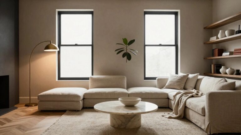 Corner view of a beige living room with cream L-shaped sofa, round white marble coffee table on crossed legs holding a white bowl, wooden wall shelves with books and vase, potted plant, gold lamp, large black-framed windows with light curtains, and seagrass rug.