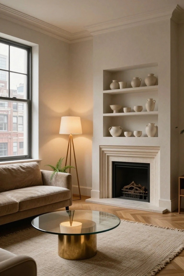Neutral living room with beige sofa, glass coffee table on brass base, tripod floor lamp, potted plant, herringbone wood floor, and limestone fireplace with recessed shelves holding white ceramic pots and bowls, large window showing city view.