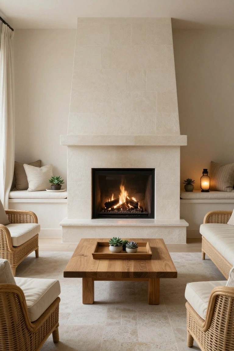 Living room with tall beige stone fireplace, built-in cushioned benches on both sides holding pillows and plants, two rattan chairs with white cushions, square wooden coffee table with succulents, neutral walls and floor.