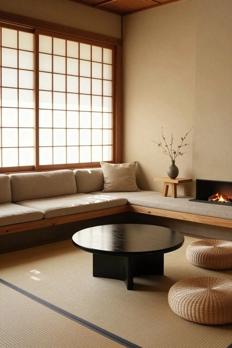 Japanese-style living room with wooden built-in corner benches topped by beige cushions, low round black table on tatami mats, small wooden side table holding a vase, built-in gas fireplace, shoji screen windows, and woven rattan floor poufs.