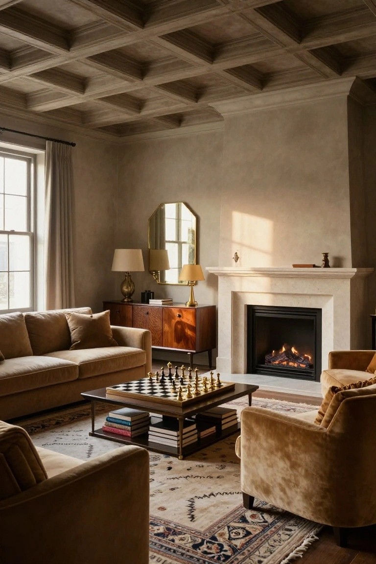 A living room with beige velvet sofas and armchairs arranged around a chessboard coffee table, wooden credenza, marble fireplace with gas flames, octagonal mirror, and coffered ceiling in warm neutral tones.