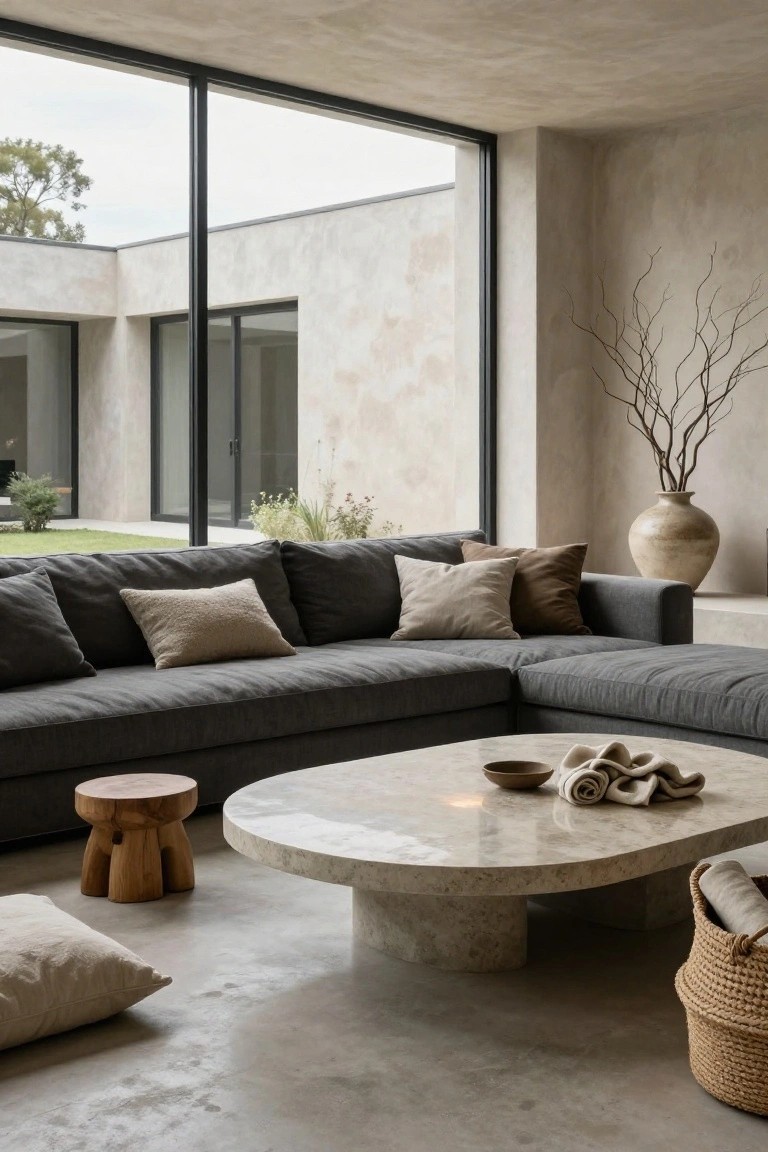 Modern living room featuring a dark gray L-shaped sofa with neutral pillows, oval beige travertine coffee table, wooden stool, large potted branches, and floor pillows on a concrete floor, with large windows showing a garden view.