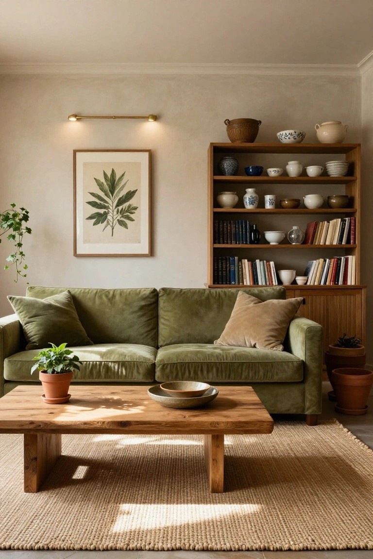 Living room with olive green velvet sofa, wooden coffee table holding a bowl and plant, open wooden shelves displaying ceramics books and vases, ivy plant, botanical leaf print on wall, and beige textured walls.