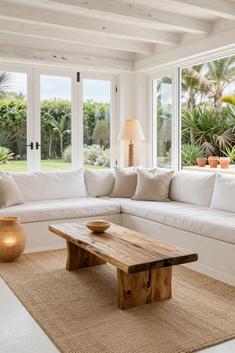 Sunlit living room with white L-shaped sofa, beige cushions, large rustic wooden coffee table on seagrass rug, woven lamps, and white-framed doors showing tropical garden plants and lawn.