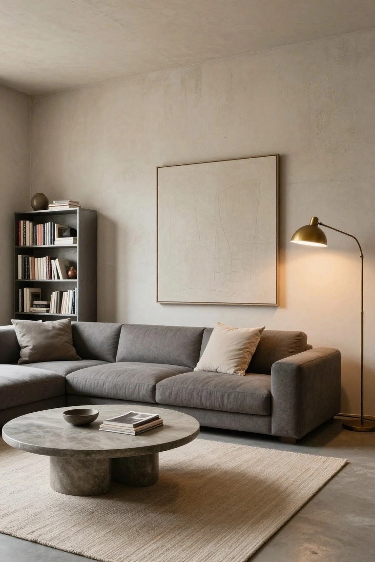 Modern living room featuring a gray L-shaped sofa, round gray concrete coffee table with two pedestal bases, beige rug, metal bookshelf with books, large framed abstract artwork, and arched gold floor lamp against beige walls and concrete floor.