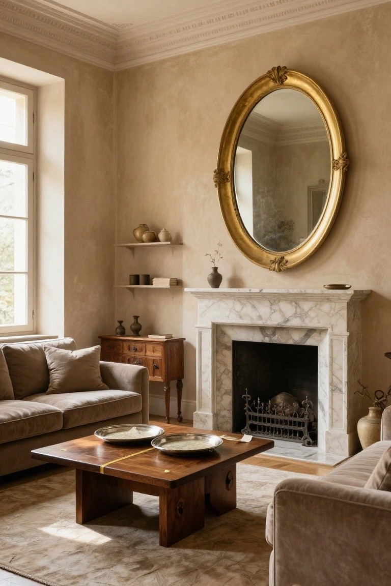 A beige living room with textured plaster walls, large gold oval mirror above marble fireplace, wooden low coffee table with platters, beige sofa, wooden side cabinet, and neutral vases and shelves.