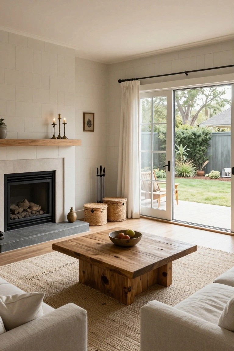 Neutral living room with white brick fireplace, oak wood mantel, sliding glass doors to backyard garden, chunky wood coffee table holding a fruit bowl, seagrass rug, and white upholstered sofas.