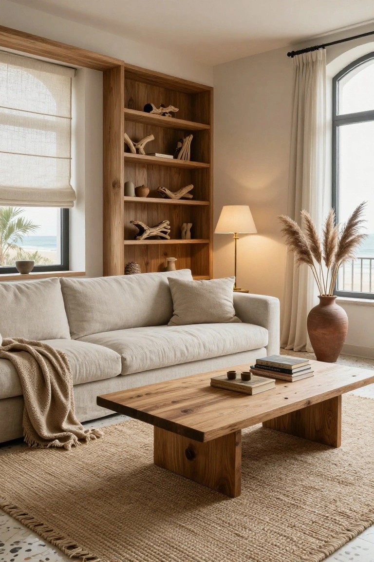 Light wood built-in shelving with decorative wood pieces and pottery beside a beige linen sofa, wooden coffee table, jute rug, potted pampas grass, and large arched window overlooking the sea.