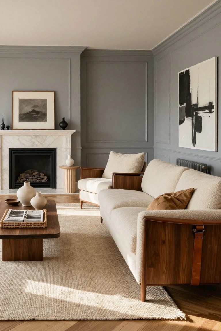 Light gray paneled living room with marble fireplace, creamy bouclé sofa on walnut wood frame, matching wood coffee table and side table, neutral seagrass rug, and abstract artwork on walls.