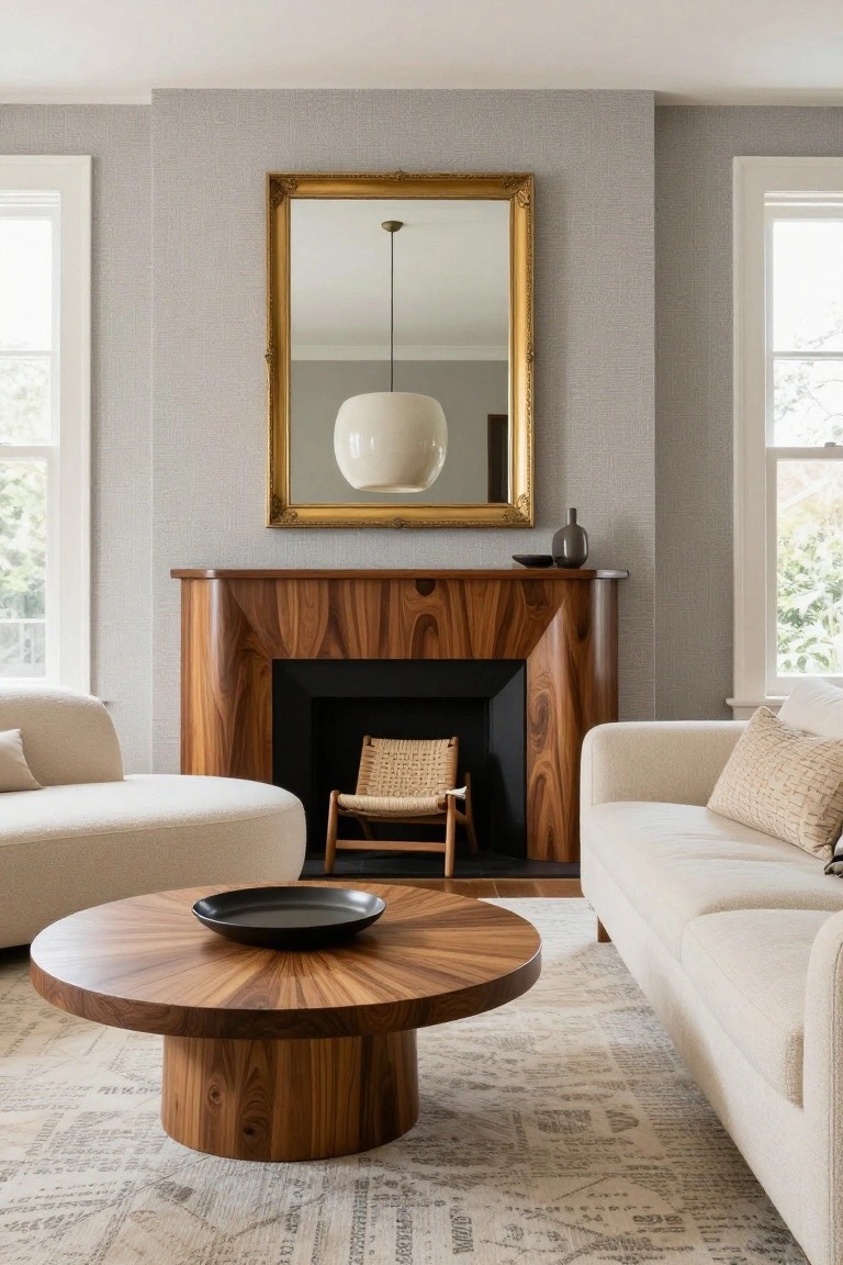 A living room with light gray textured walls, a curved dark wood fireplace mantel and surround, cream curved sofas, round wood coffee table, rattan chair, gold-framed mirror, and large windows on side walls.