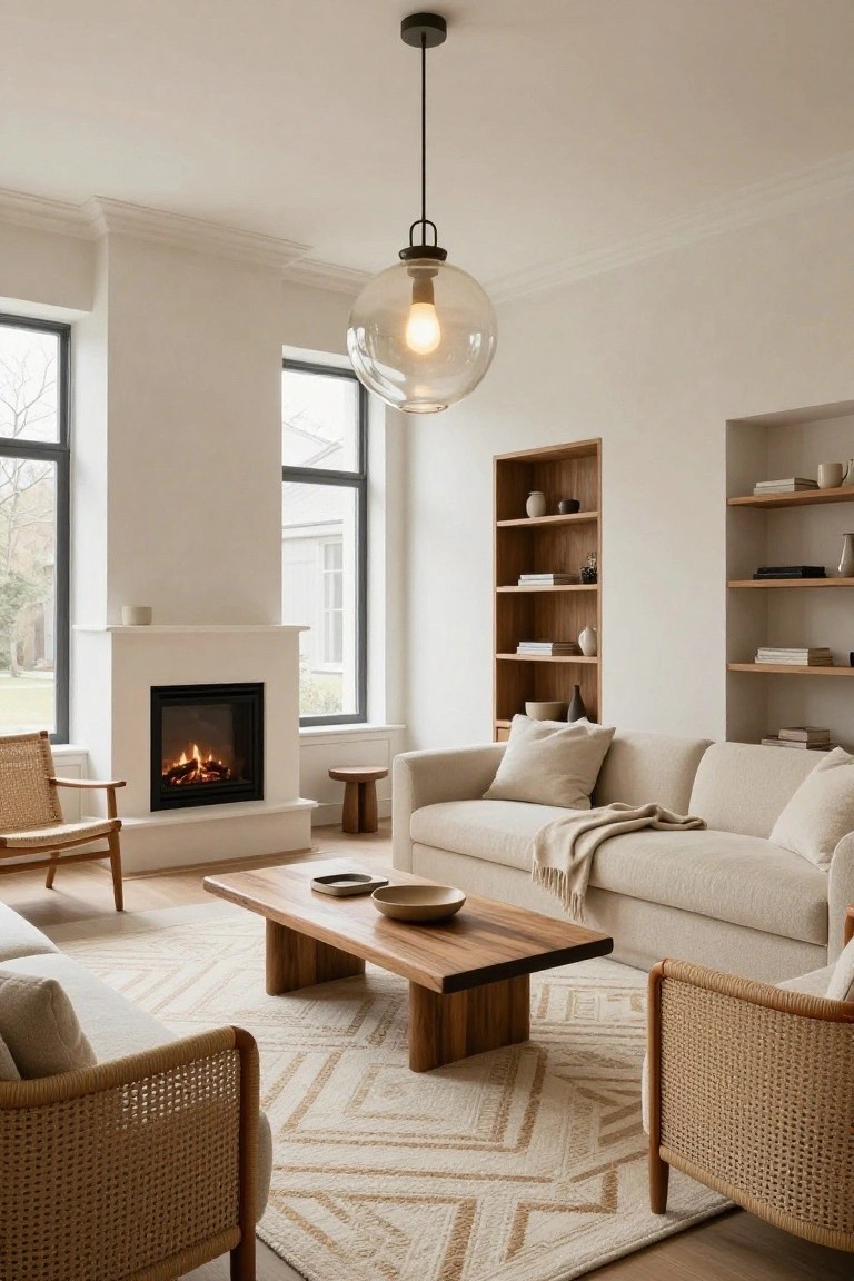 A bright living room with white walls, large windows, a white fireplace with gas flames, built-in wooden shelving displaying ceramics, a beige sofa with pillows and throw, rattan chairs, wooden stools and coffee table, and a light rug on wood floors.