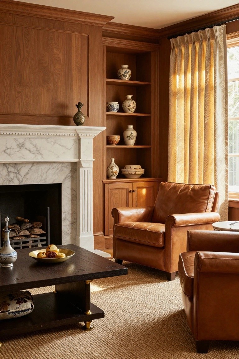 Wood-paneled living room with built-in shelves displaying ceramics and vases, marble fireplace with firewood, two tan leather armchairs, low black wood coffee table holding fruit bowl and vase, beige rug, and window with cream curtains.
