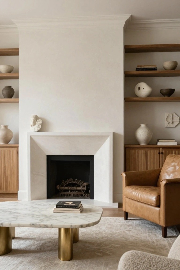 A living room with a central white marble fireplace flanked by matching oak wood open shelves and cabinets displaying white and gray pottery, a round marble-top coffee table on brass legs, tan leather armchair, and light gray area rug on light wood floors.