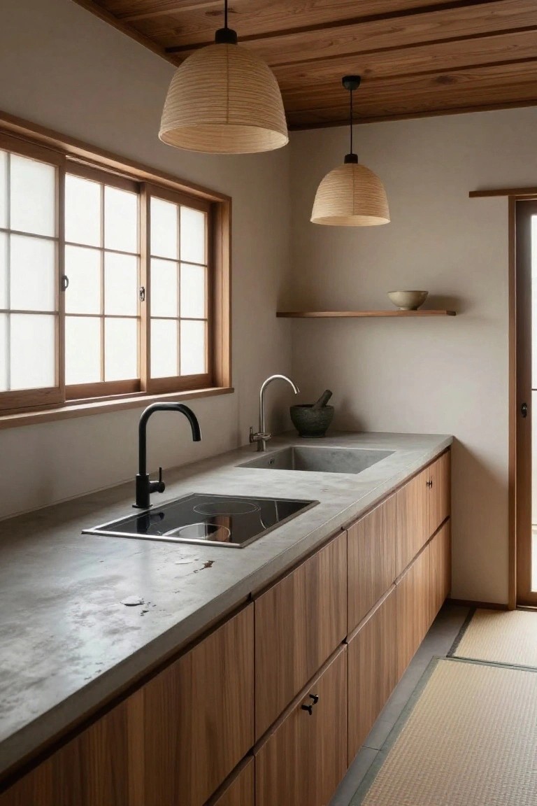 Interior photo of a minimalist kitchen with gray concrete countertops and integrated sinks, walnut wood cabinets and drawers, two black faucets, wooden ceiling beams, hanging rattan lampshades, shoji windows, and a small shelf with pottery.