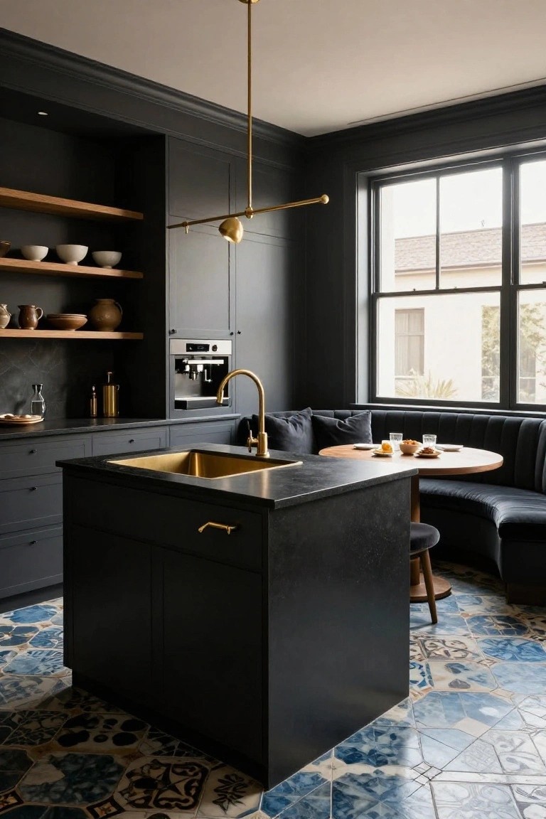 Modern kitchen interior with black cabinets, black island featuring gold sink and faucet, wood open shelves displaying pottery, built-in black banquette booth with round wood table, brass pendant light, and blue and white patterned floor tiles.