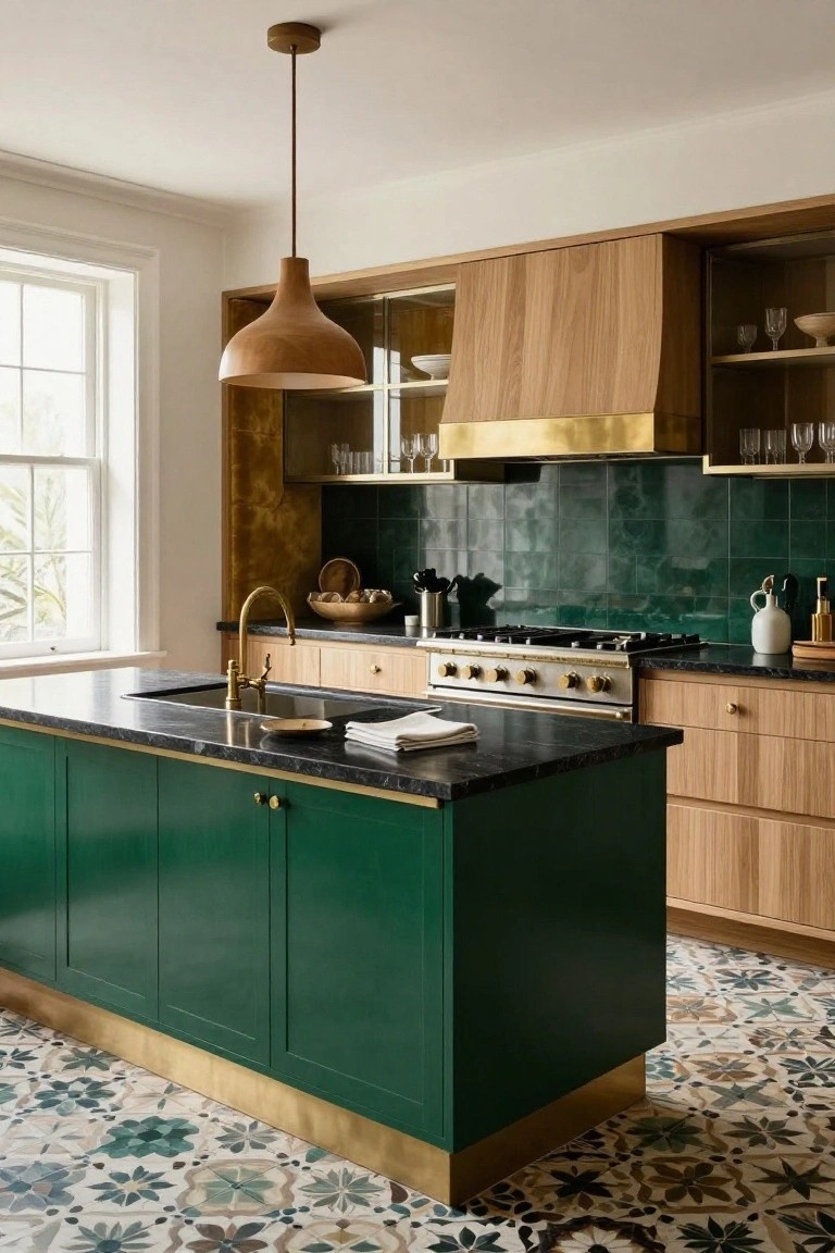 Kitchen interior with emerald green island cabinets featuring brass base and handles, oak wood perimeter cabinets, brass range hood and faucet, black granite countertops, green tile backsplash, wood pendant light, and patterned tile floor.