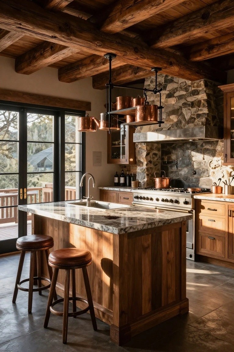 A luxury kitchen with exposed wooden beam ceiling, stone range hood with hanging copper pots, wooden island bar with leather stools, stainless appliances, and large glass doors to a wooded deck.