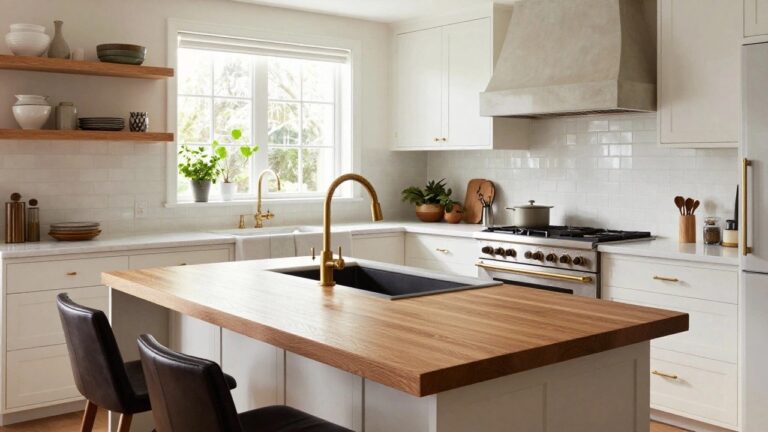 White kitchen featuring marble island countertop, brass faucet and hardware, white cabinets, wood open shelves with pottery, stainless steel range, and tan leather bar stools.