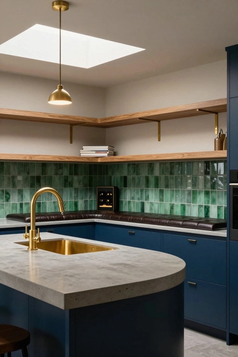 Modern kitchen interior featuring navy cabinets, green subway-style tiled backsplash, gold gooseneck faucet over a gold sink, curved concrete island, wood open shelves, and leather bench seating.