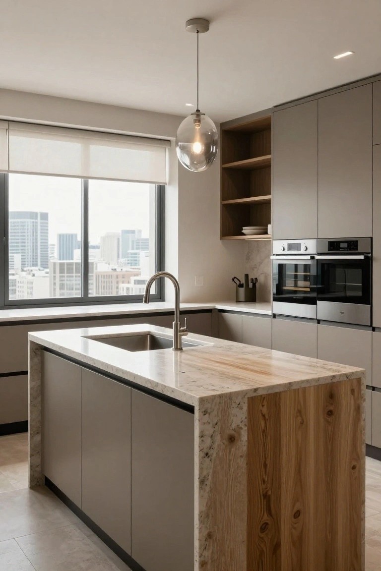 Modern high-rise kitchen featuring gray matte cabinets, a central island with light wood panel sides and veined stone top, integrated sink, double wall ovens, pendant light, and large windows showing a city skyline.