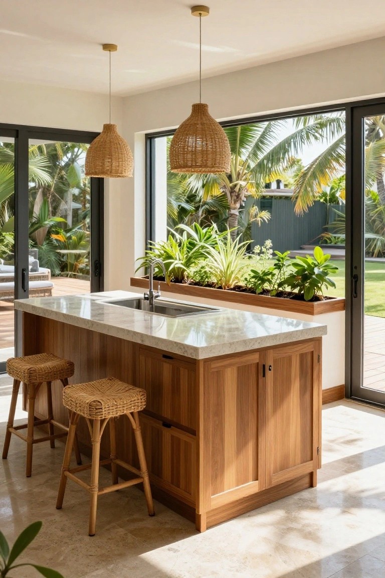 Wood kitchen island with white quartz countertop and sink, built-in rectangular planter box filled with various green plants, two rattan bar stools, pendant lights overhead, and large black-framed sliding glass doors opening to a tropical garden and wooden deck.