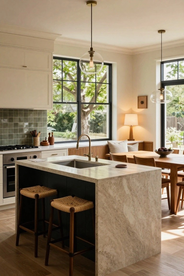 Bright kitchen interior with cream cabinets, green tile backsplash, large black-framed windows showing trees outside, central island featuring dark lower panels and light veined stone countertop with rattan bar stools, brass faucet, and adjacent wood dining table with banquette seating.
