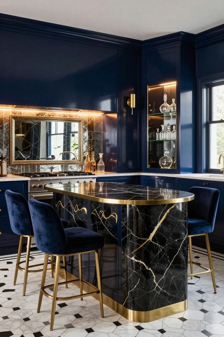 A luxury kitchen with navy blue lacquered cabinets and walls, a curved black marble island with gold trim and accents, blue velvet barstools on gold legs, brass hardware, a gas range, and black and white checkered floor tiles.