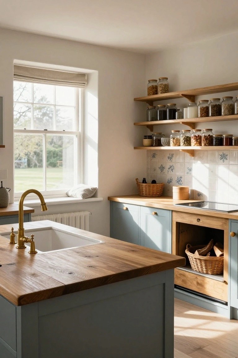 Light-filled kitchen with open oak shelves stocked with glass jars of dry goods and nuts, light blue cabinets, wood countertops and island, brass faucet over white farmhouse sink, and window to garden view.