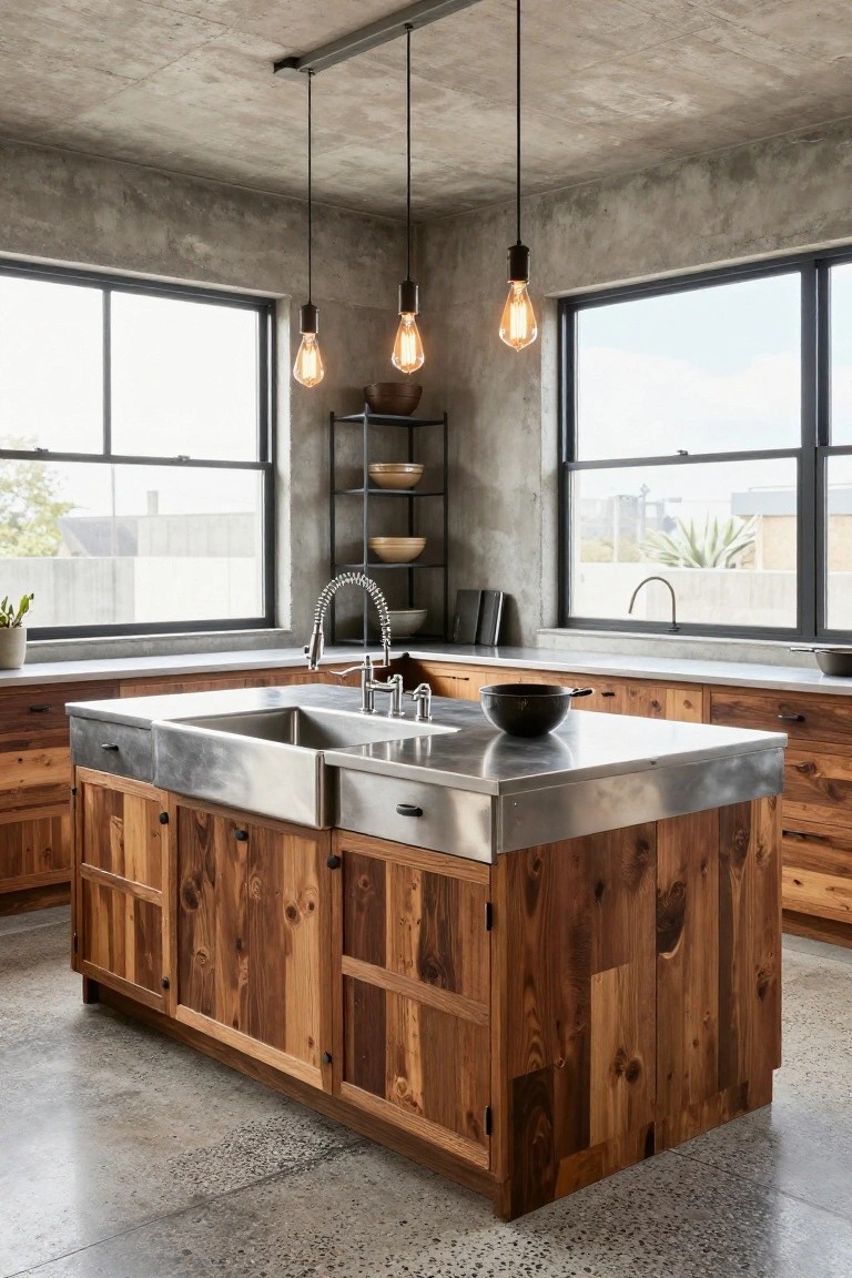 Kitchen interior with exposed concrete walls and ceiling, wooden cabinets and island, stainless steel sinks, black-framed windows overlooking outdoors, and hanging exposed-bulb pendant lights.