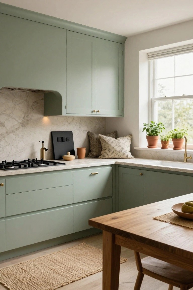 Corner kitchen with sage green shaker-style cabinets, white marble backsplash and counters, gas stove, gold faucet, wooden dining table and chair, potted herbs on windowsill, and beige rug on wood floor.