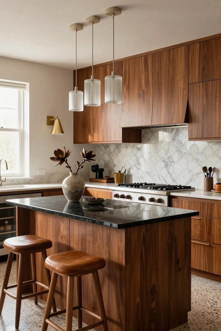 Modern kitchen with floor-to-ceiling walnut cabinets, central wooden island topped in black granite with two tan leather bar stools, white scalloped marble tile backsplash behind gas range, three glass pendant lights, and brass wall sconce near window.