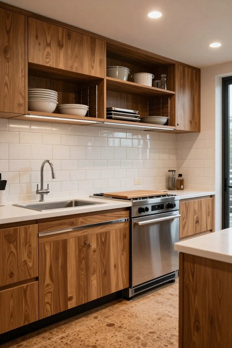 Kitchen with light wood grain cabinets, white subway tile backsplash, stainless steel cooktop and dishwasher, white sink and countertop, and light wood floor.