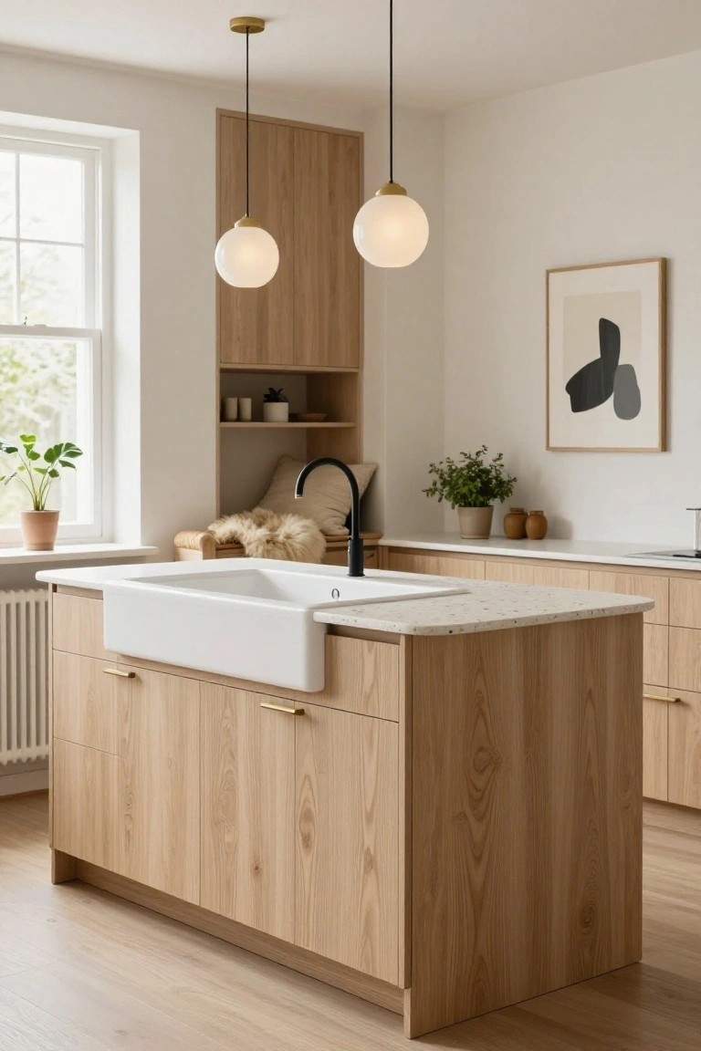 Modern kitchen with light oak cabinets on an island featuring a white farmhouse sink, black faucet, two globe pendant lights, and plants on shelves.