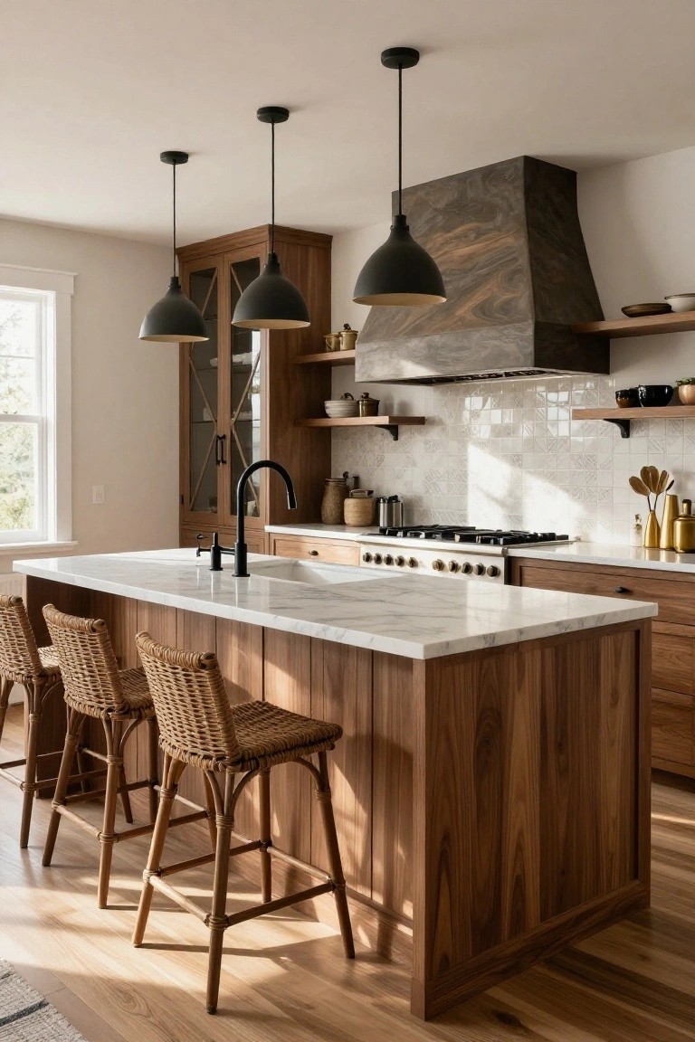 Kitchen interior with walnut wood cabinets and paneled island topped in white marble, rattan barstools, black pendant lights, white subway tile backsplash, and gas range.