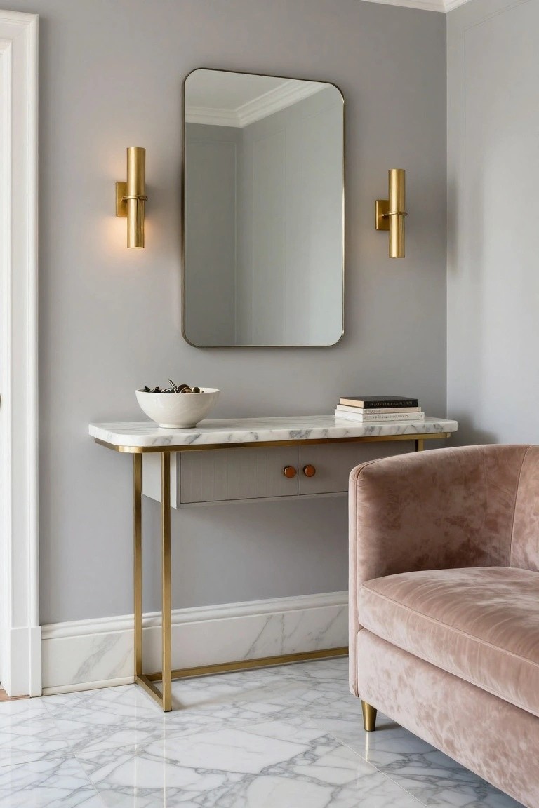 Gray-painted entry hallway corner featuring an oval mirror in gold frame centered above a white marble-top console table on brass legs, flanked by matching tubular brass sconces, with a white bowl of nuts, stacked books, and a blush pink velvet armchair on white marble flooring.