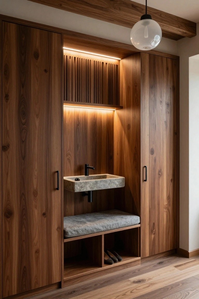 Wooden wardrobe unit in an interior space with slatted upper shelf, LED lighting, stone sink, gray cushioned bench, and shoe storage cubbies below.