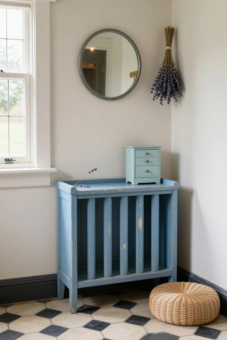 Corner of a beige interior room with a weathered light blue slat-front cabinet topped by a small turquoise box and lavender sprigs, a round metal mirror on the wall, hanging lavender bundles, a window with greenery outside, and a woven basket stool on black and white checkered floor tiles.