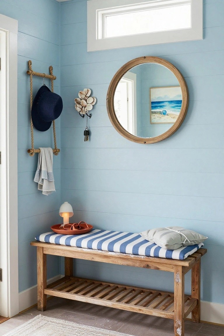Light blue shiplap walls in a corner entryway with wooden bench on slats, blue and white striped cushion, rope rack holding navy hat and towel, shell mirror, keys, beach painting, lamp, and orange dish on bench.