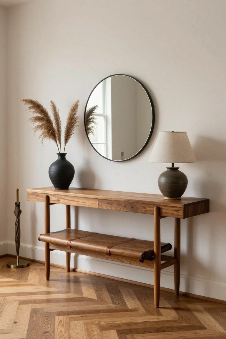 Wooden console table with two drawers and integrated leather bench below, next to a round black-framed mirror on a white wall, with pampas grass in a black vase, ceramic lamp, and brass umbrella stand on herringbone hardwood floor.