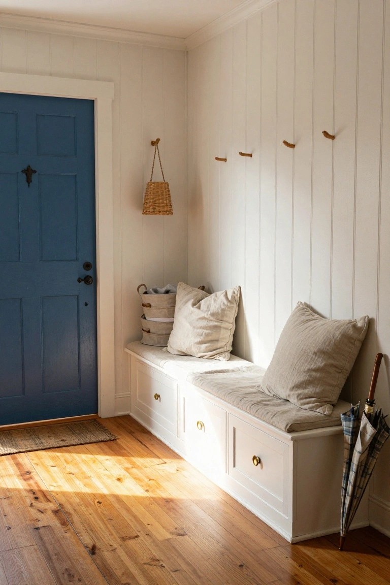 White wooden bench with storage drawers and beige cushions against white paneled wall in bright entryway next to blue front door, with stacked wicker baskets, pillows, wooden hooks, and plaid umbrella.