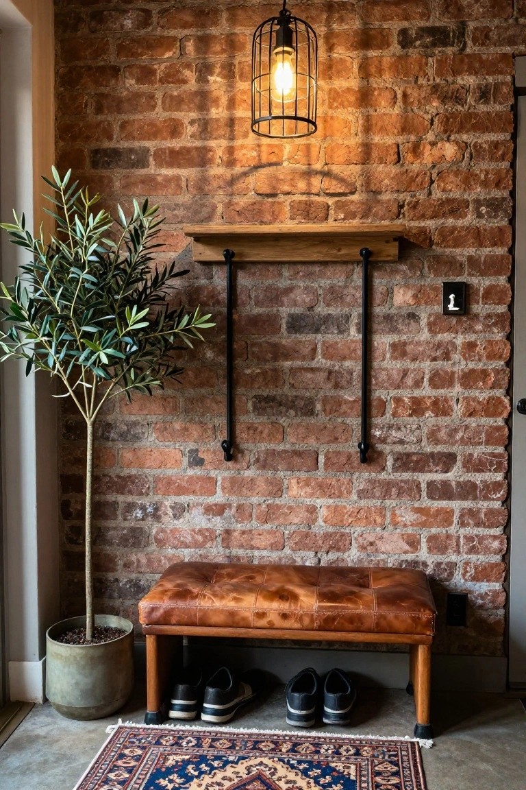 Entrance hallway with exposed brick walls, hanging caged lantern light, potted olive tree, wooden wall shelf, tan leather bench with black shoes stored underneath, and blue patterned rug on concrete floor.