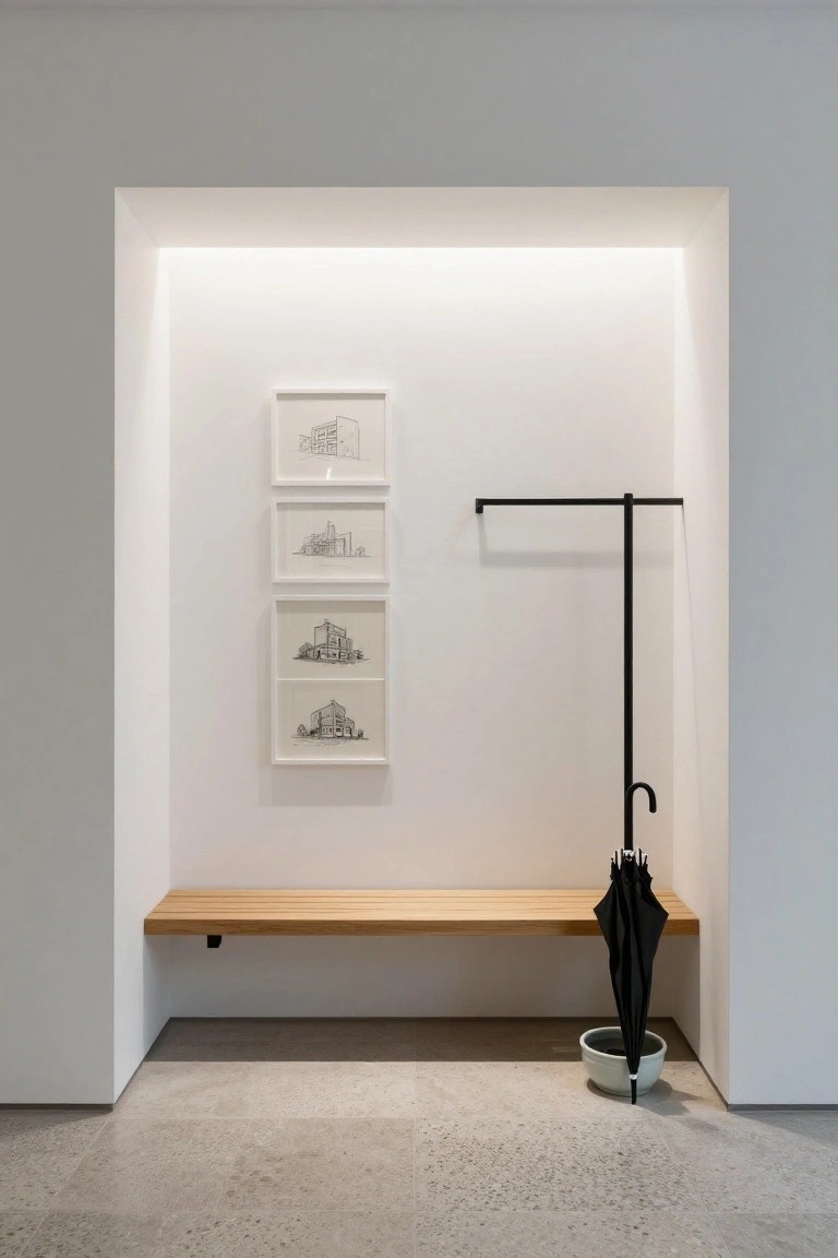 Recessed white wall in an entrance hallway displaying three vertical framed architectural line drawings, wooden wall-mounted bench below, black coat rail above, black umbrella in white pot on polished concrete floor.