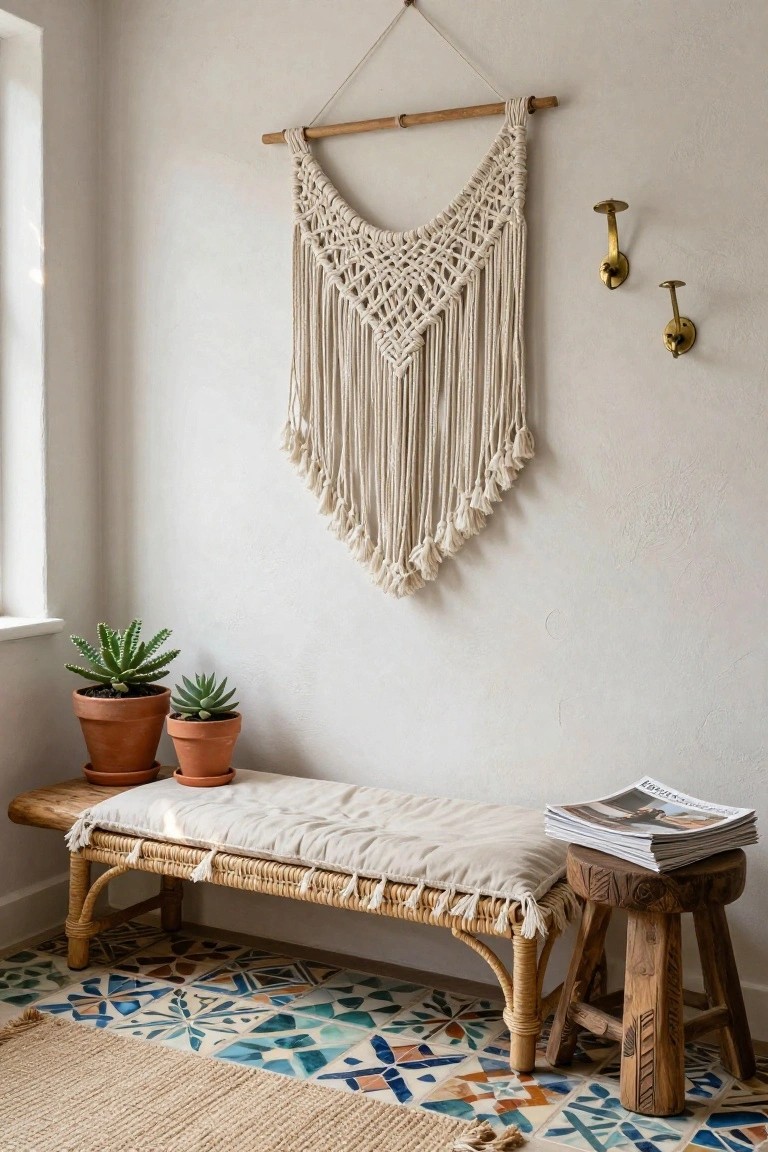 Light beige entry corner with rattan bench topped by white cushions and fringe, two terracotta pots holding succulents, carved wooden stool with stacked magazines, large cream macrame wall hanging from wooden dowel, two brass wall hooks, colorful patterned tile floor, and neutral woven rug.