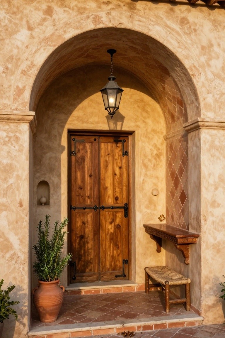 Beige stucco house exterior with arched wooden double door entryway, hanging lantern, potted rosemary plant, wooden shelf, woven bench, and terracotta tile porch.