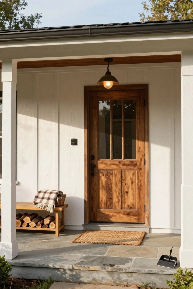 White clapboard house front porch featuring a wooden entry door with glass panels, hanging lantern, wooden bench stacked with firewood and holding a plaid blanket and basket, seagrass doormat, and dustpan broom on stone steps.
