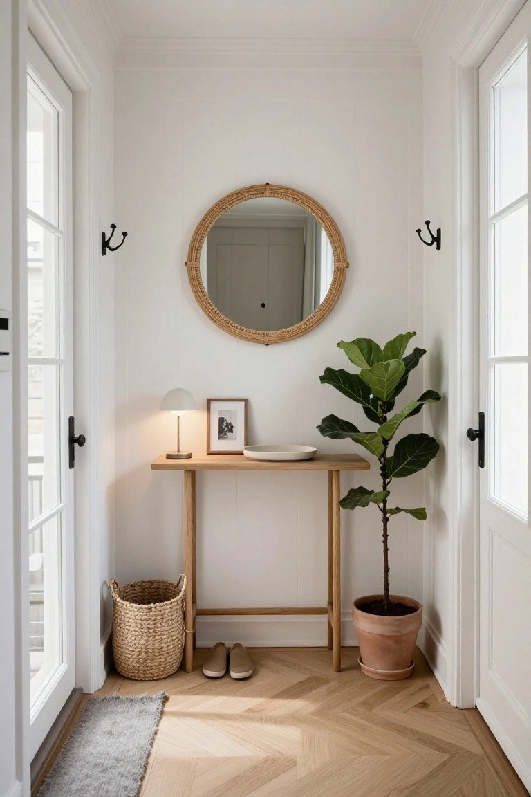 Narrow white entry hallway with slim wooden console table topped by lamp, dish, and photo frame, round rattan mirror above, tall fiddle leaf fig plant in terracotta pot next to it, woven basket, shoes, coat hooks on walls, double doors, and parquet wood floor.