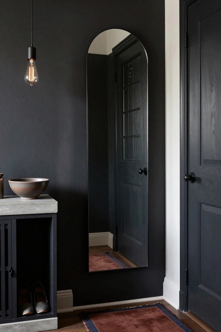 Tall arched black-framed floor mirror in a dark-painted entry hallway beside a concrete console table topped with a ceramic bowl and containing shoes in open storage below, with a black pendant light overhead, dark paneled doors, and a red rug on wood floors.