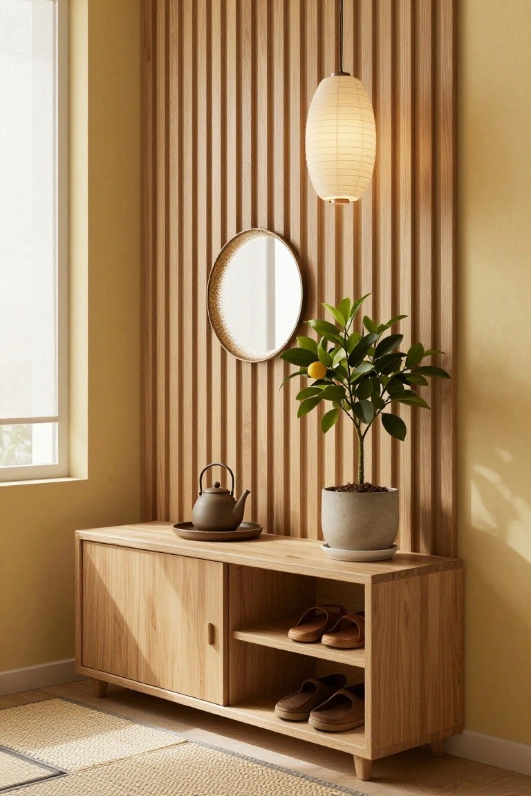 Entrance hallway with vertical light wood slat wall paneling, low wooden bench with open shelves holding shoes, potted citrus tree, round rattan mirror, paper lantern light fixture, and teapot on saucer on the bench.
