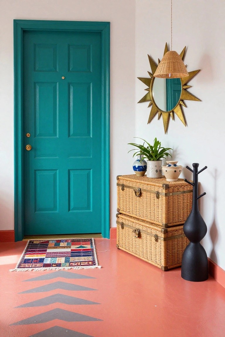 Interior view of a turquoise six-panel door open to a hallway with pink floor painted with gray arrows, wicker trunks, potted plants, black coat rack, blue and white vase, and gold sunburst mirror on white wall.